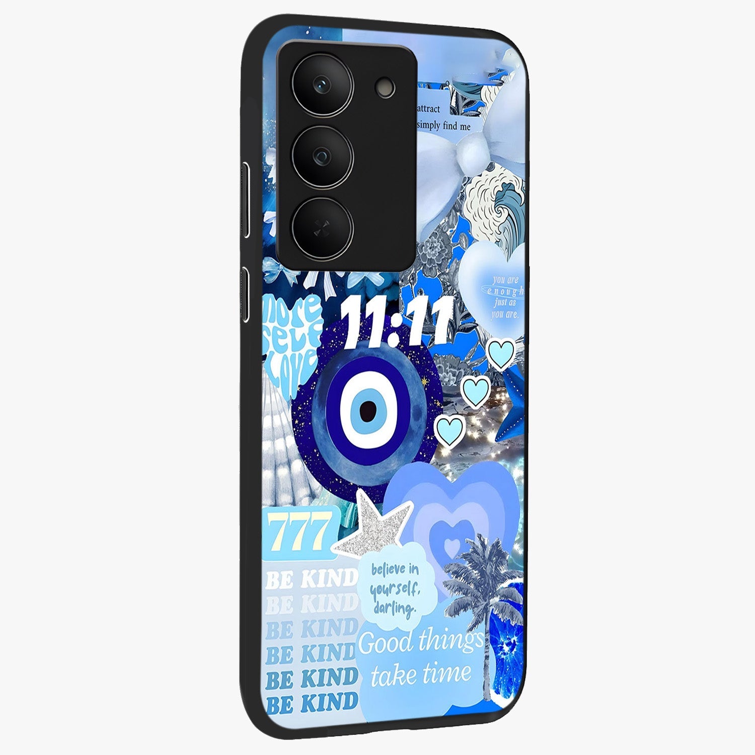Aesthetic Be Kind Eye Glass Case upright view showcasing stylish eye illustration with positive message theme.