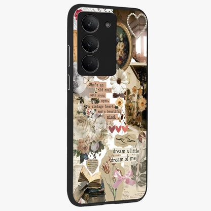 Aesthetic Brown Vintage Collage Glass Case upright view showcasing nostalgic retro artwork with stylish vintage theme.