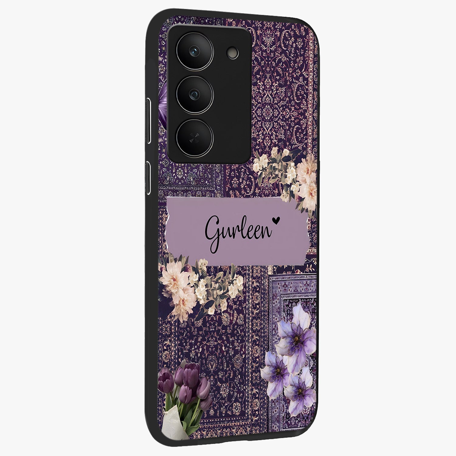 Antique Floral Whisper Custom Name Glass Case upright view showcasing delicate floral artwork with custom name feature.