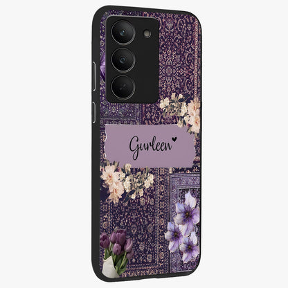 Antique Floral Whisper Custom Name Glass Case upright view showcasing delicate floral artwork with custom name feature.