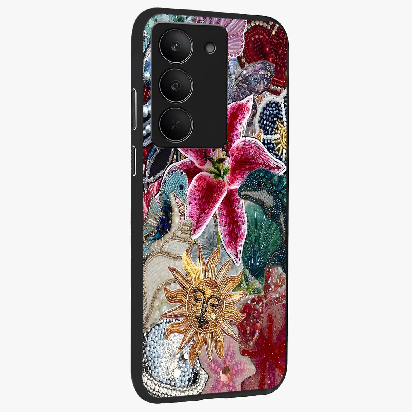 Beaded Garden Fantasy Glass Case upright view showcasing whimsical garden aesthetic with artistic bead details.