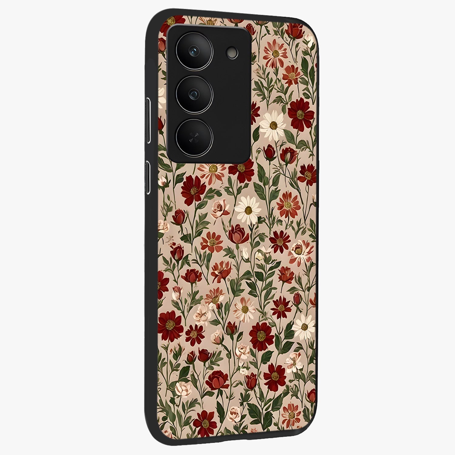 Biege Flower With Leaf Glass Case upright view showcasing delicate beige flower illustration with clean botanical style.