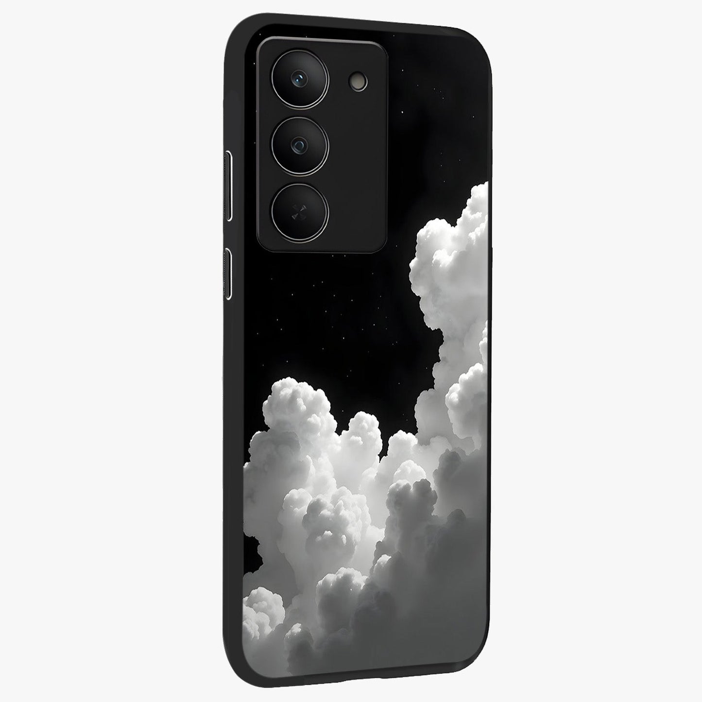 Black Background With White Cloud Glass Case upright view showcasing calm cloud aesthetic with modern minimal style.