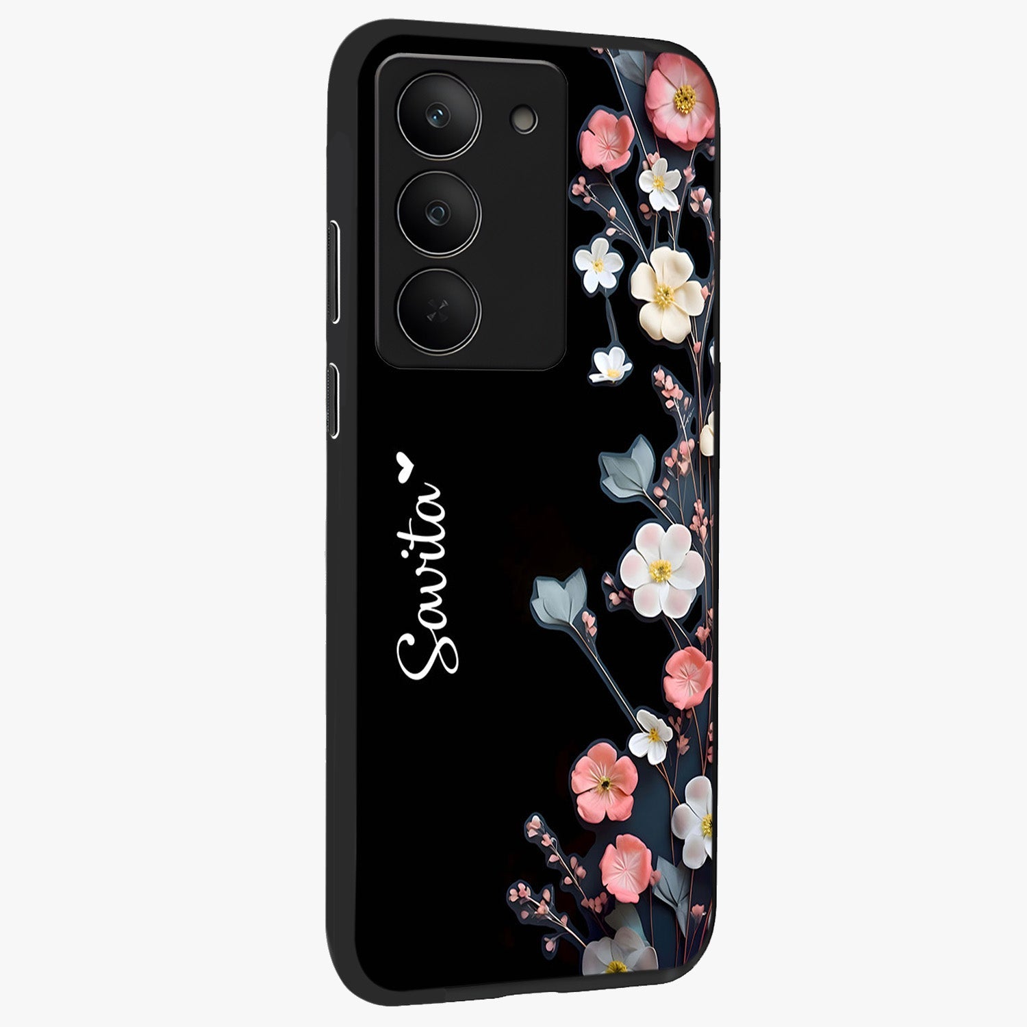 Black Elegance Floral Custom Name Glass Case upright view showcasing luxurious black floral design with personalized name detail.