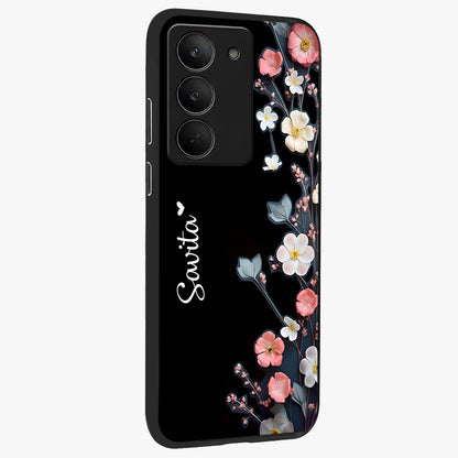 Black Elegance Floral Custom Name Glass Case upright view showcasing luxurious black floral design with personalized name detail.