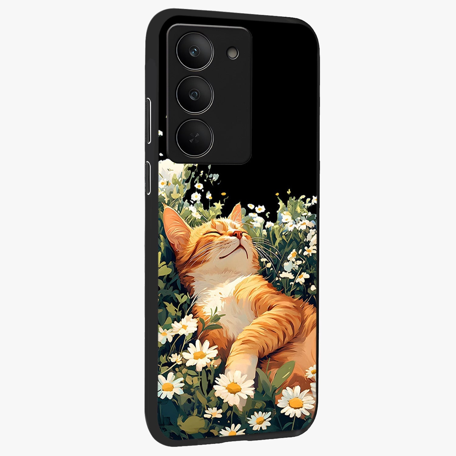 Blissful Bloom Cat Glass Case upright view showcasing charming cat design surrounded by blooming floral elements.
