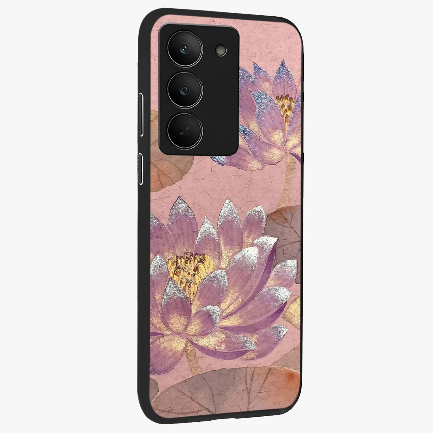 Blossom Mist Lotus Glass Case upright view showcasing graceful lotus flower design with peaceful botanical style.