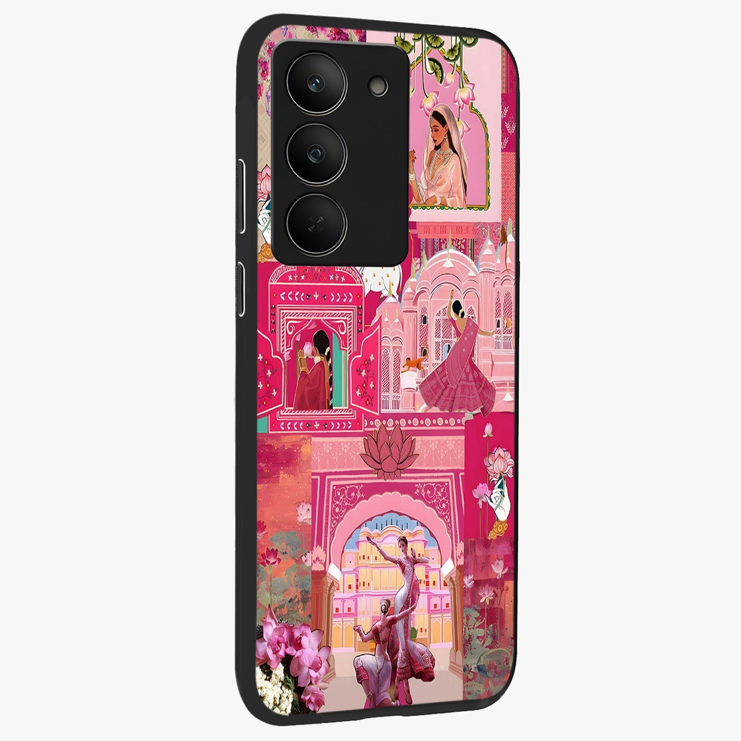 Blossoms of Rajasthan Glass Case upright view showcasing colorful floral design inspired by traditional Indian art.