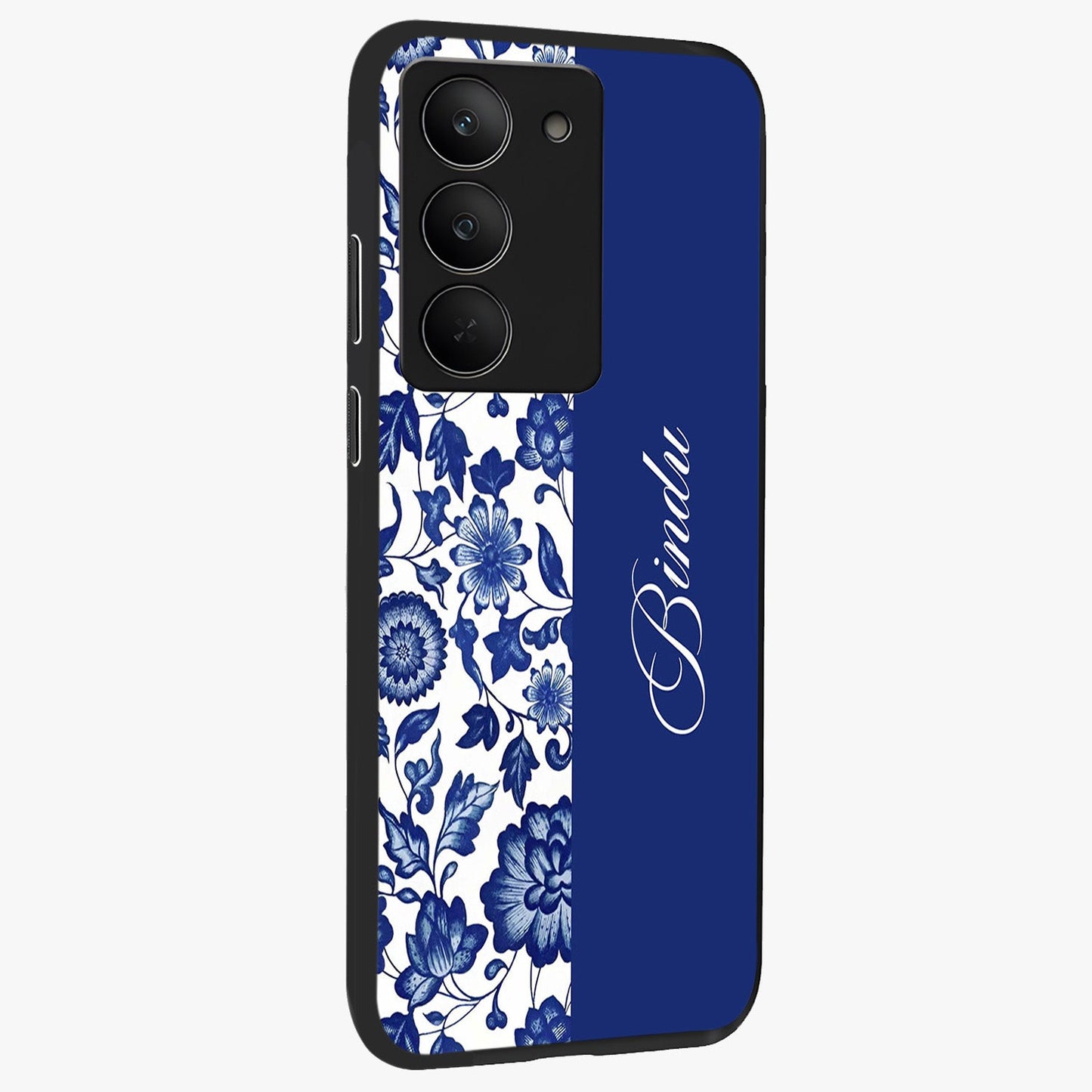 Blue Vintage Floral Pattern Glass Case upright view showcasing delicate blush floral texture with modern minimal style.