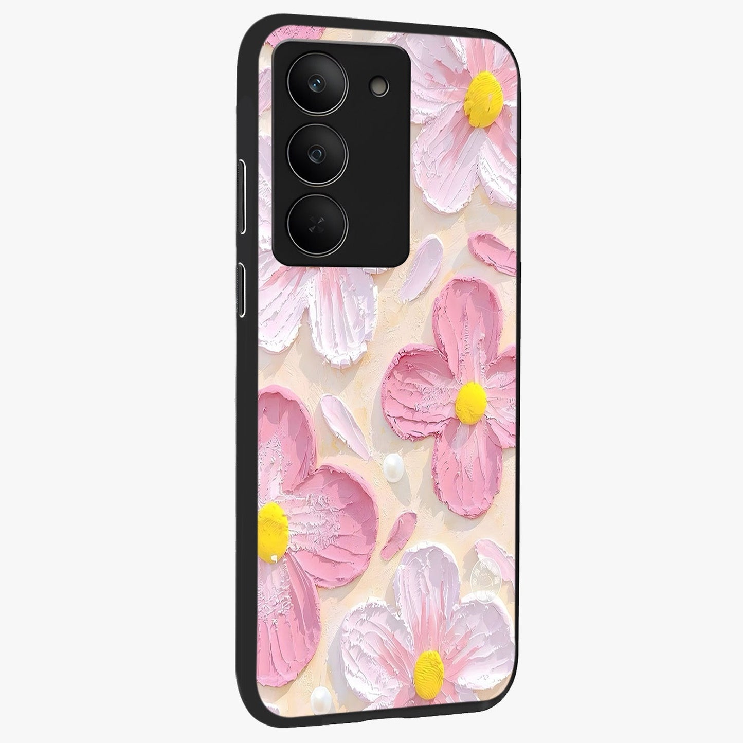 Blush Bloom Texture Glass Case upright view showcasing delicate blush floral texture with modern minimal style.