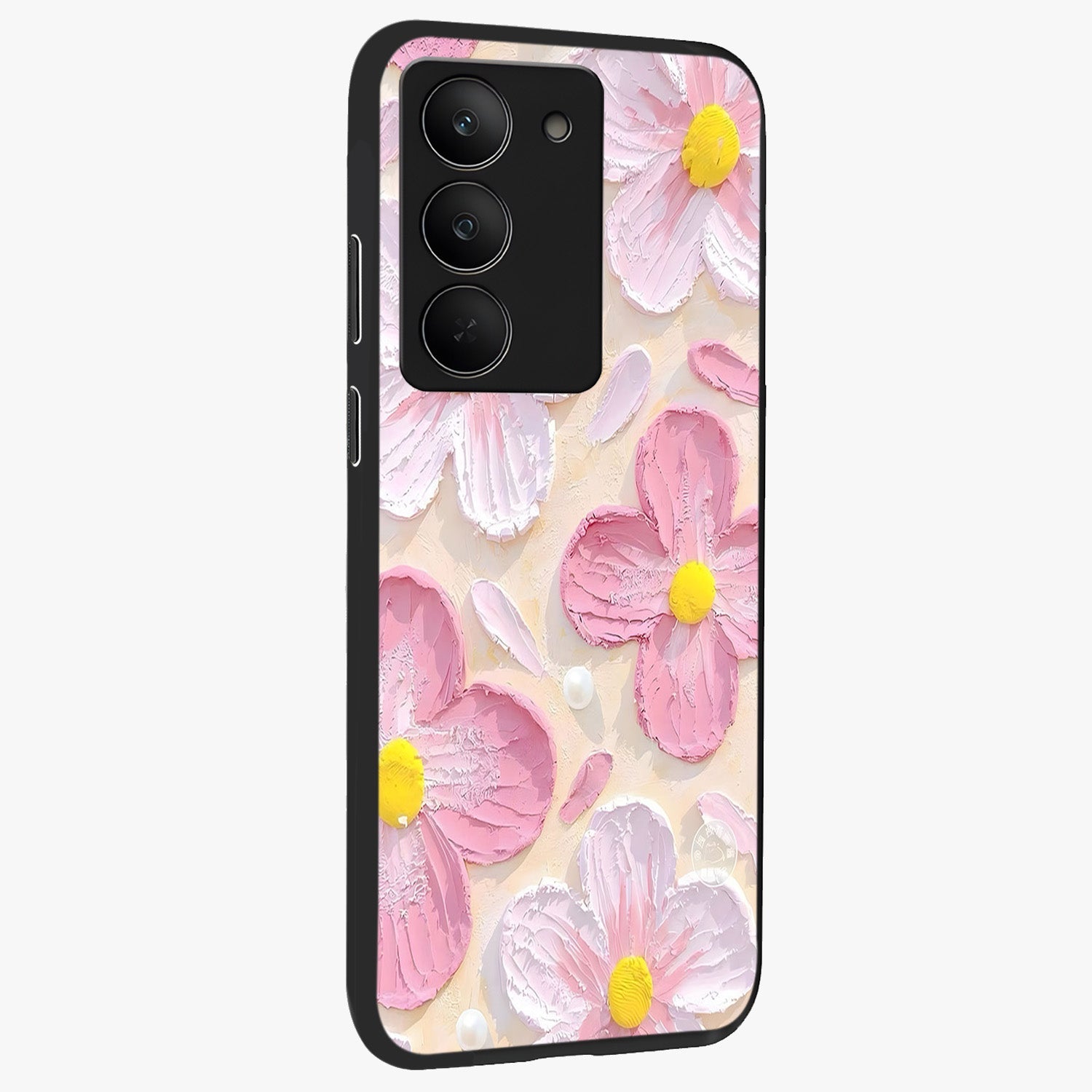 Blush Bloom Texture Glass Case upright view showcasing delicate blush floral texture with modern minimal style.