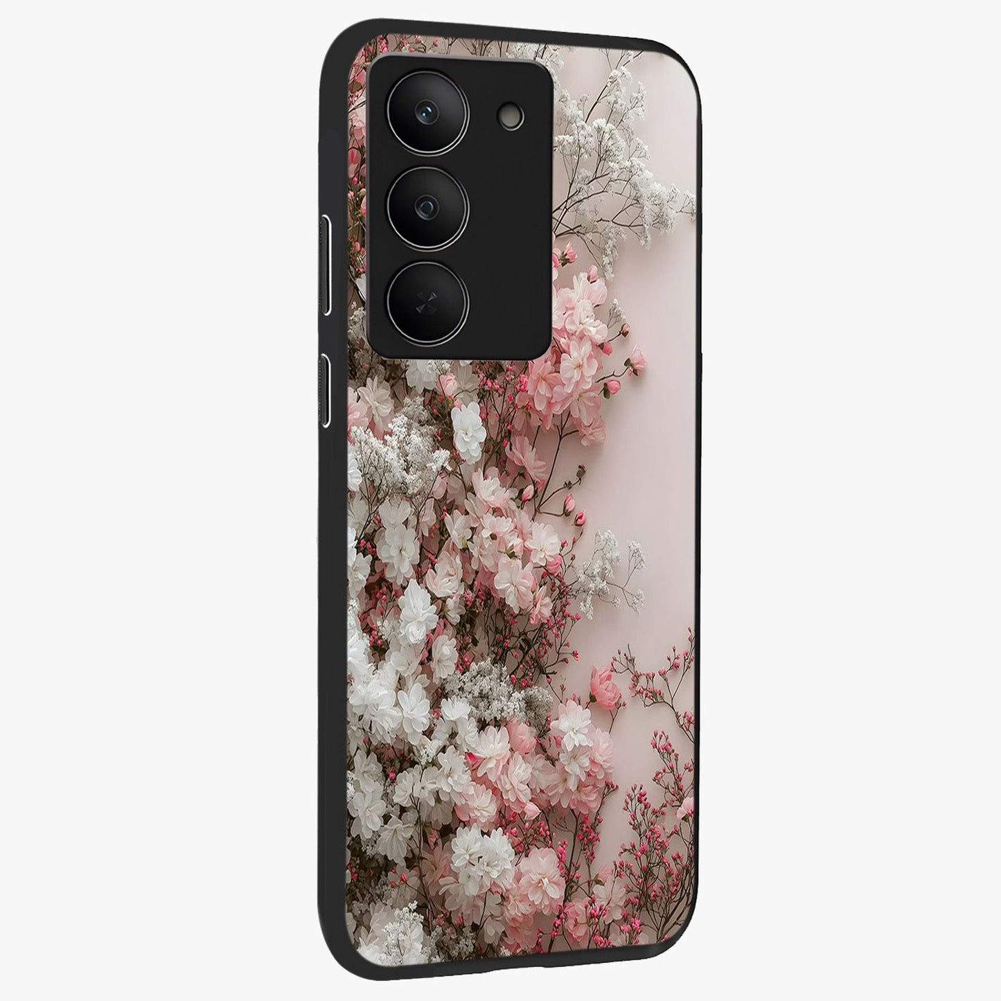 Blush Blossom Cloud Glass Case upright view showcasing calm floral cloud artwork with gentle dreamy theme.