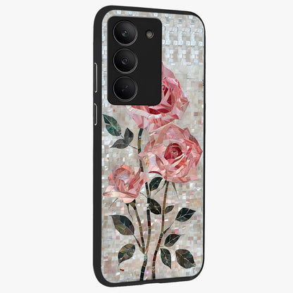 Blush Mosaic Bloom Glass Case upright view showcasing decorative floral mosaic artwork with stylish modern aesthetic.