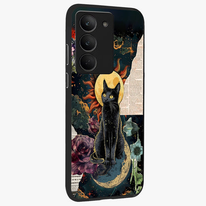 Celestial Black Cat Glass Case upright view showcasing magical black cat illustration with starry cosmic theme.