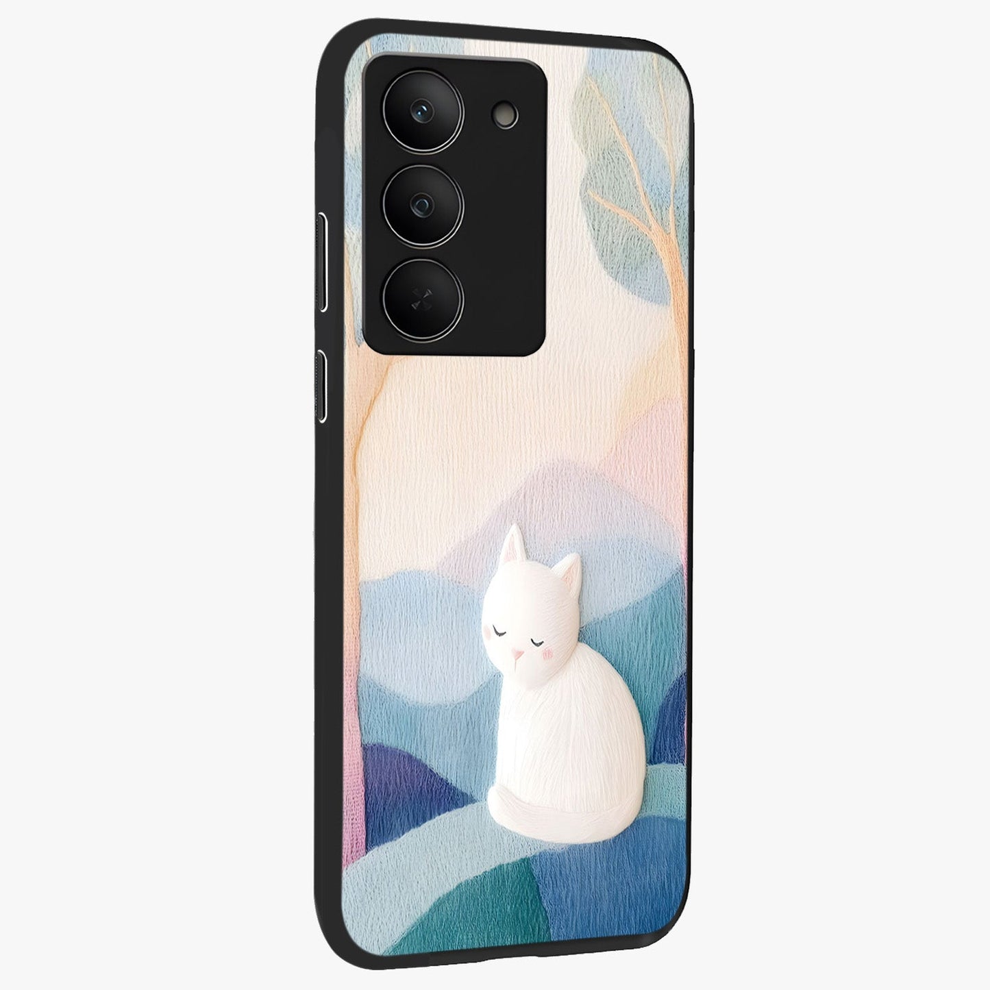 Cotton Dream Cat Glass Case upright view showcasing charming cat artwork with cozy dreamy theme.