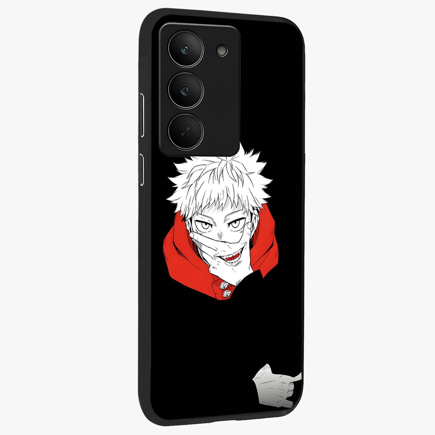 Crimson Chaos Smile Glass Case upright view showcasing expressive chaotic artwork with striking visual theme.