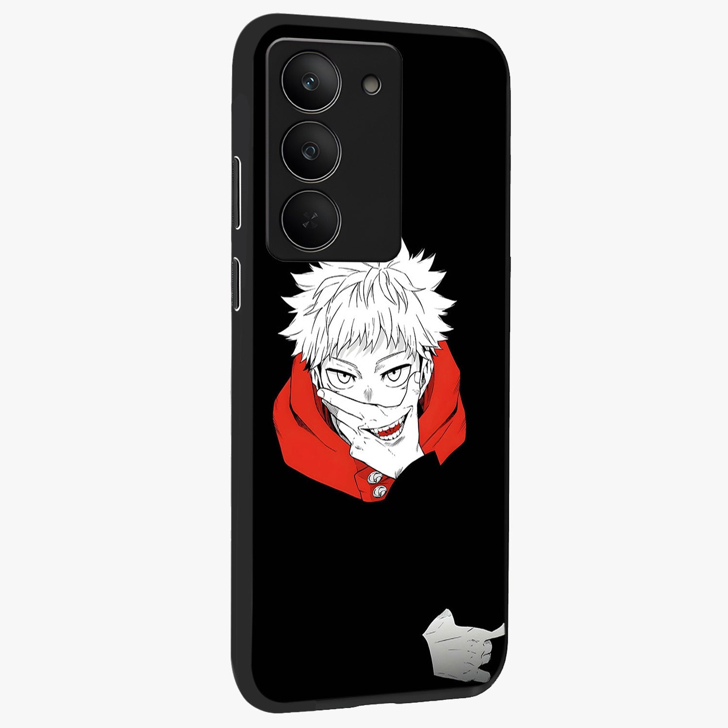 Crimson Chaos Smile Glass Case upright view showcasing expressive chaotic artwork with striking visual theme.