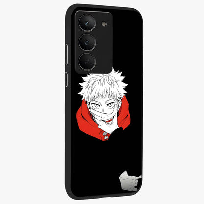 Crimson Chaos Smile Glass Case upright view showcasing expressive chaotic artwork with striking visual theme.