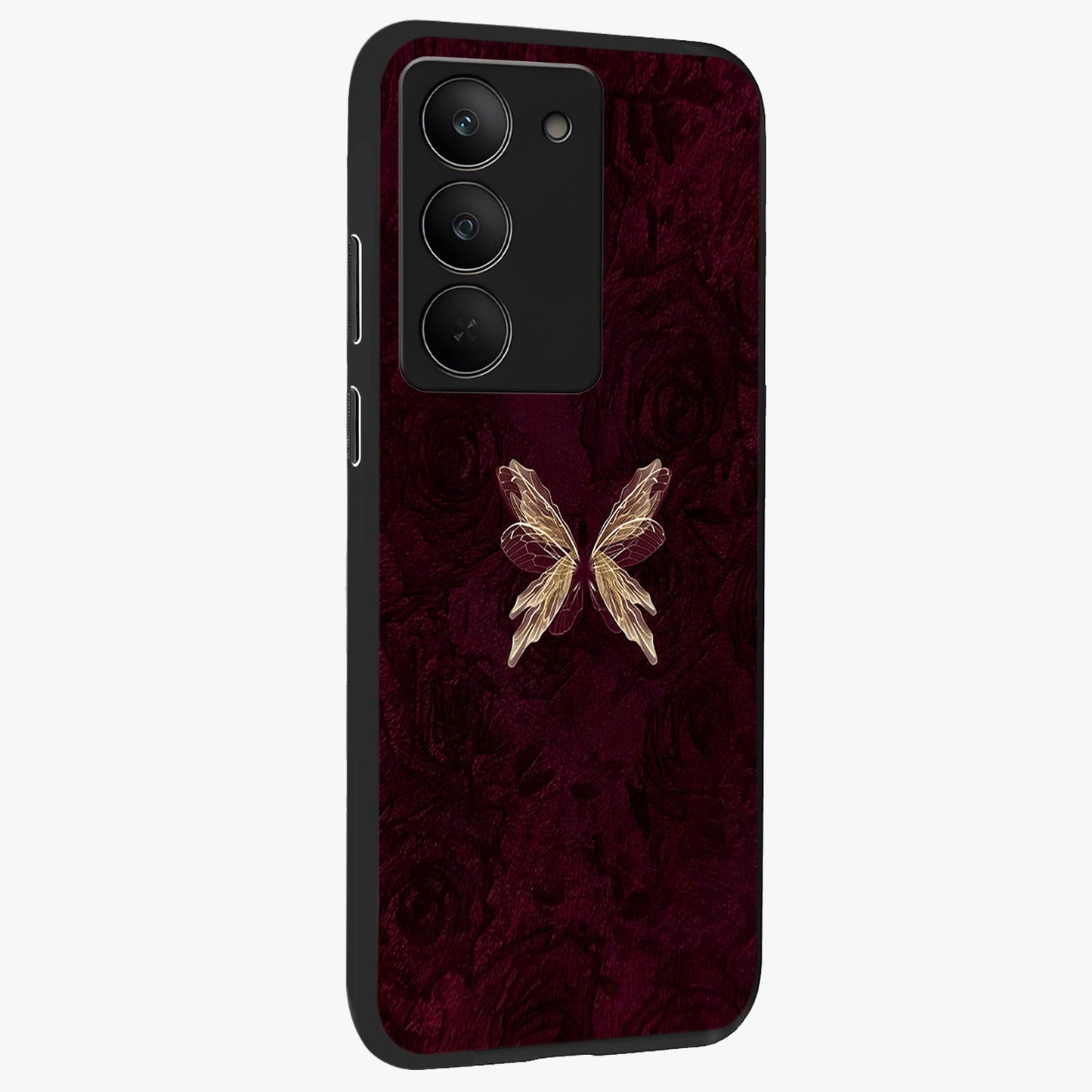 Crimson Fade Butterfly Glass Case upright view showcasing graceful butterfly artwork with soft crimson fade effect.