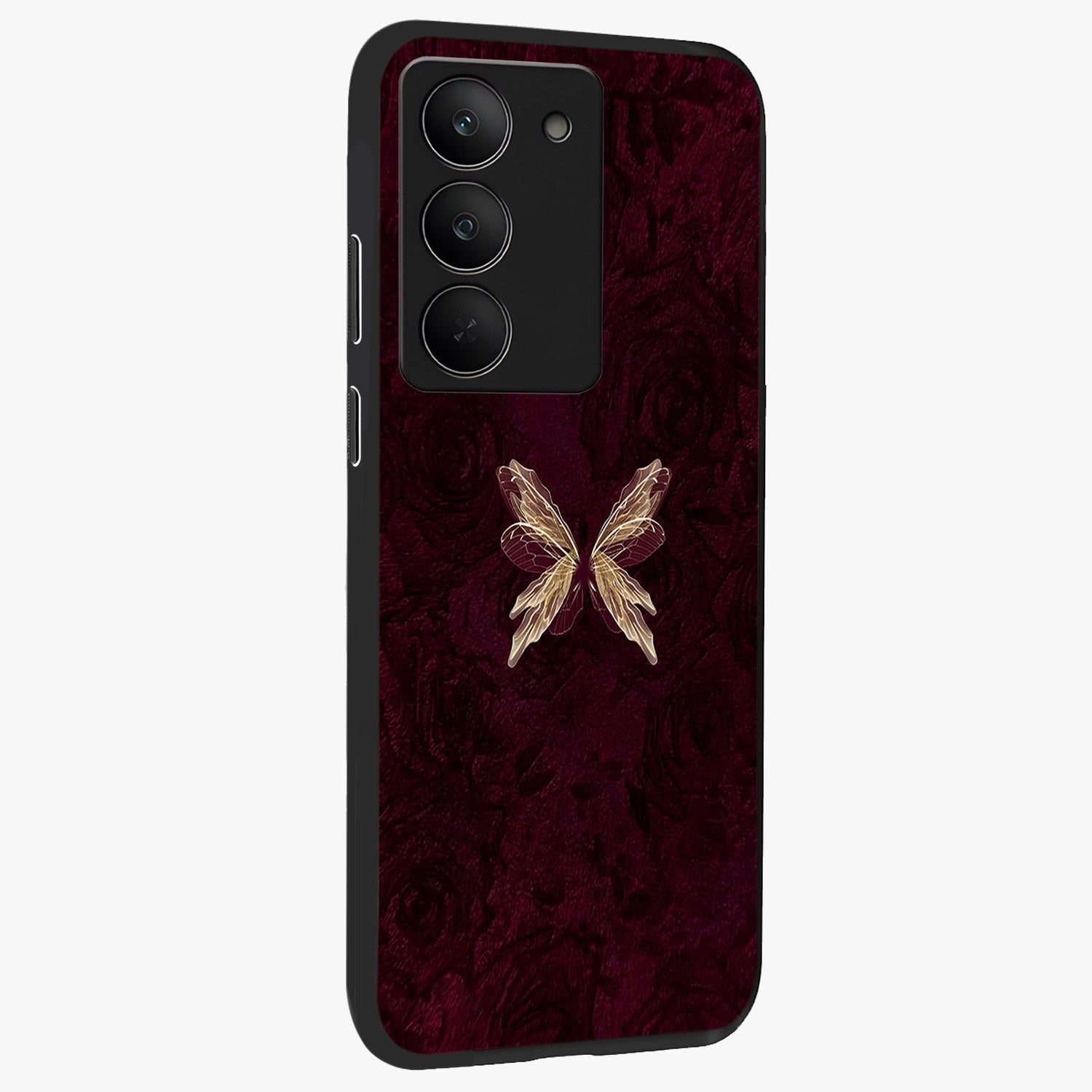 Crimson Fade Butterfly Glass Case upright view showcasing graceful butterfly artwork with soft crimson fade effect.