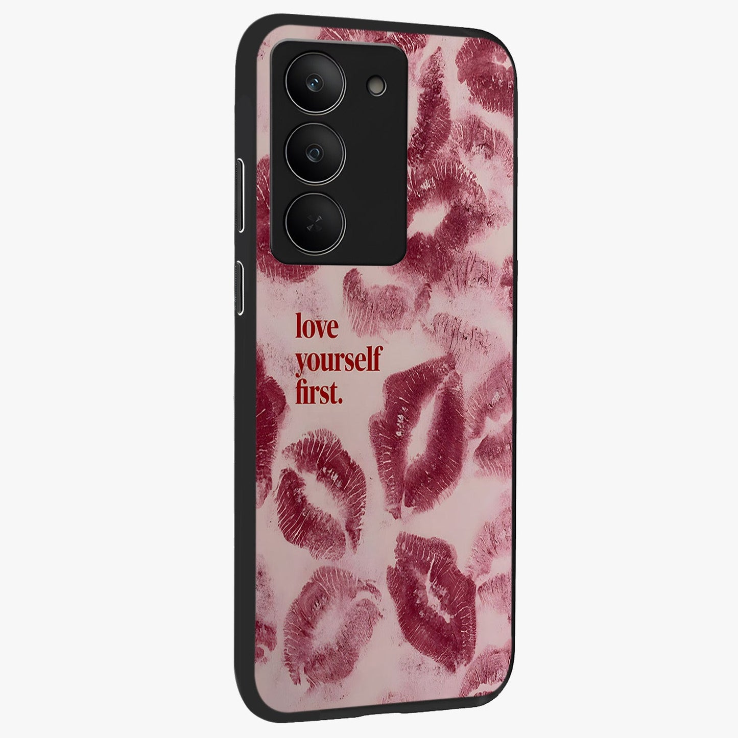 Crimson Kiss Love Glass Case upright view showcasing expressive romantic artwork with deep crimson theme.
