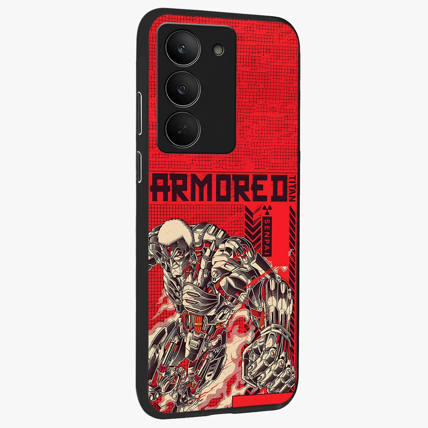 Crimson Mecha Titan Glass Case upright view showcasing dynamic robotic titan design with sci-fi inspired theme.