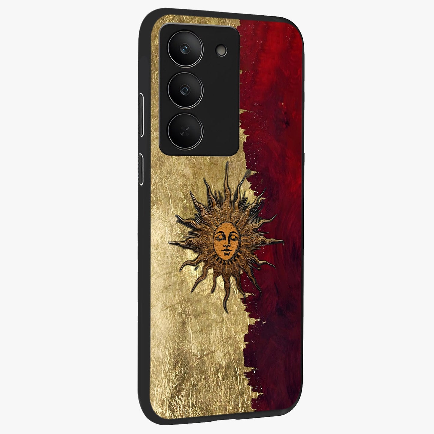 Crimson Sun Majesty Glass Case upright view showcasing vibrant sun artwork with powerful celestial theme.