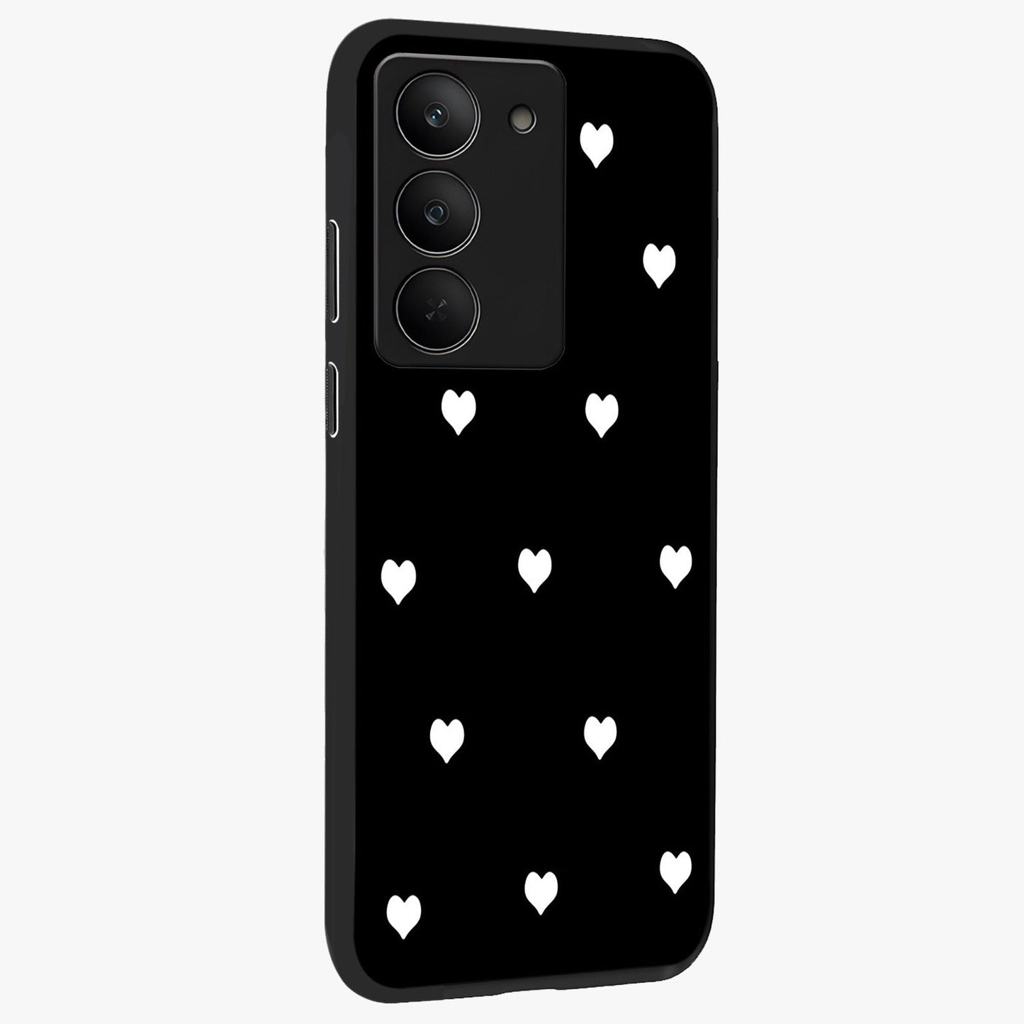 Cute And Simple White Hearts Glass Case upright view showcasing simple white hearts artwork with soft minimal theme.