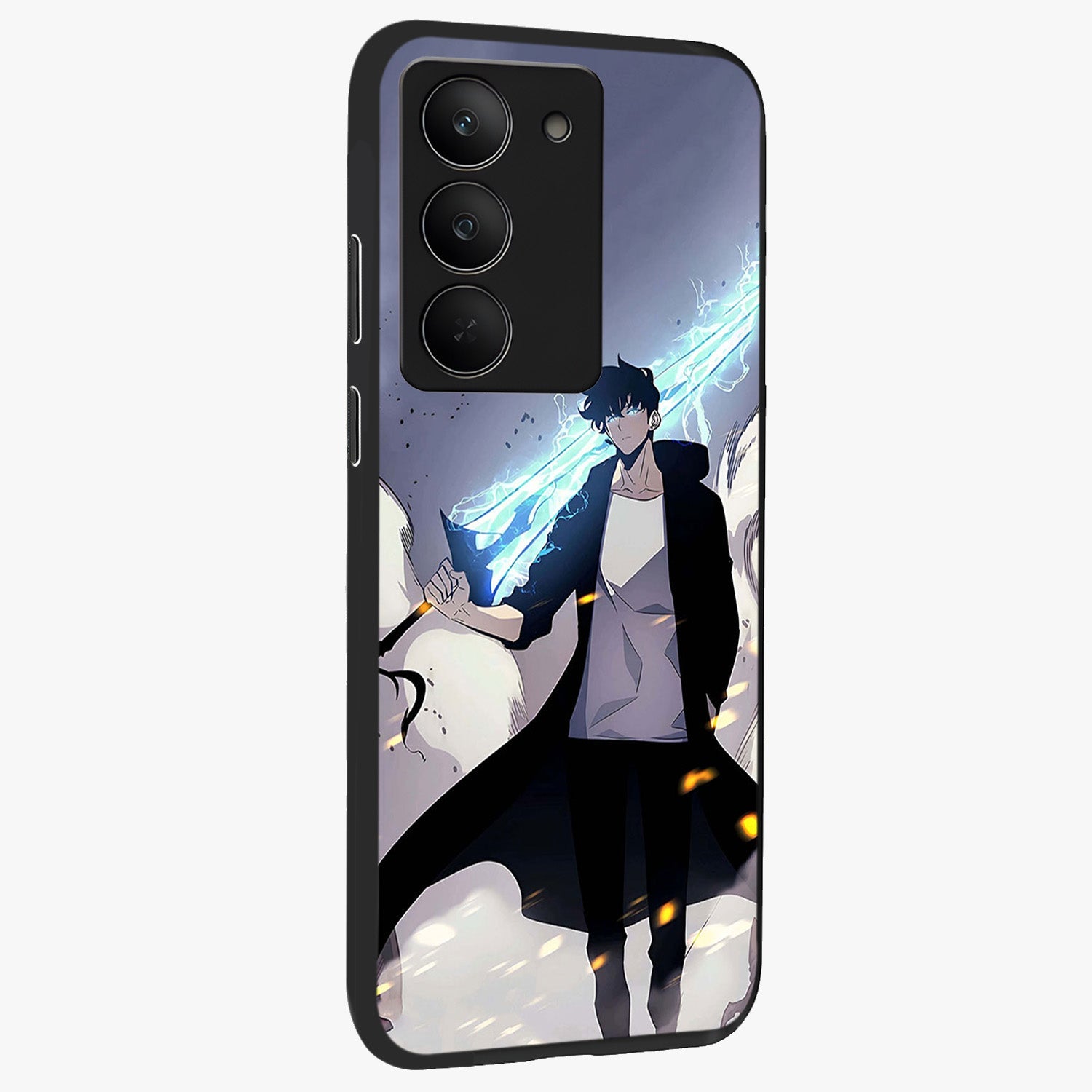 Dark Lightning Anime Warrior Glass Case upright view showcasing dramatic warrior artwork with dark lightning aesthetic.