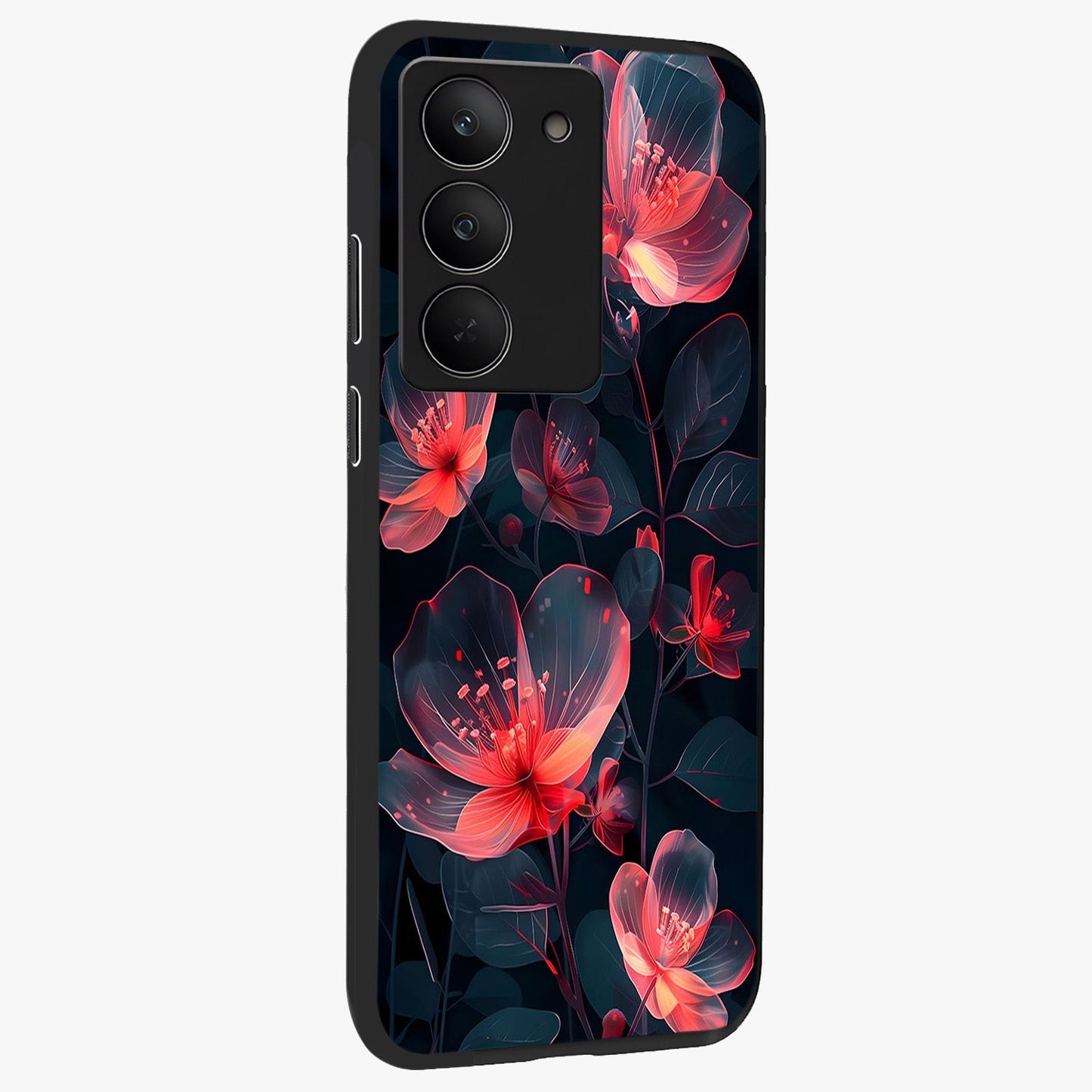Dark Shade of Flower Glass Case upright view showcasing delicate flower artwork with rich dark floral theme.