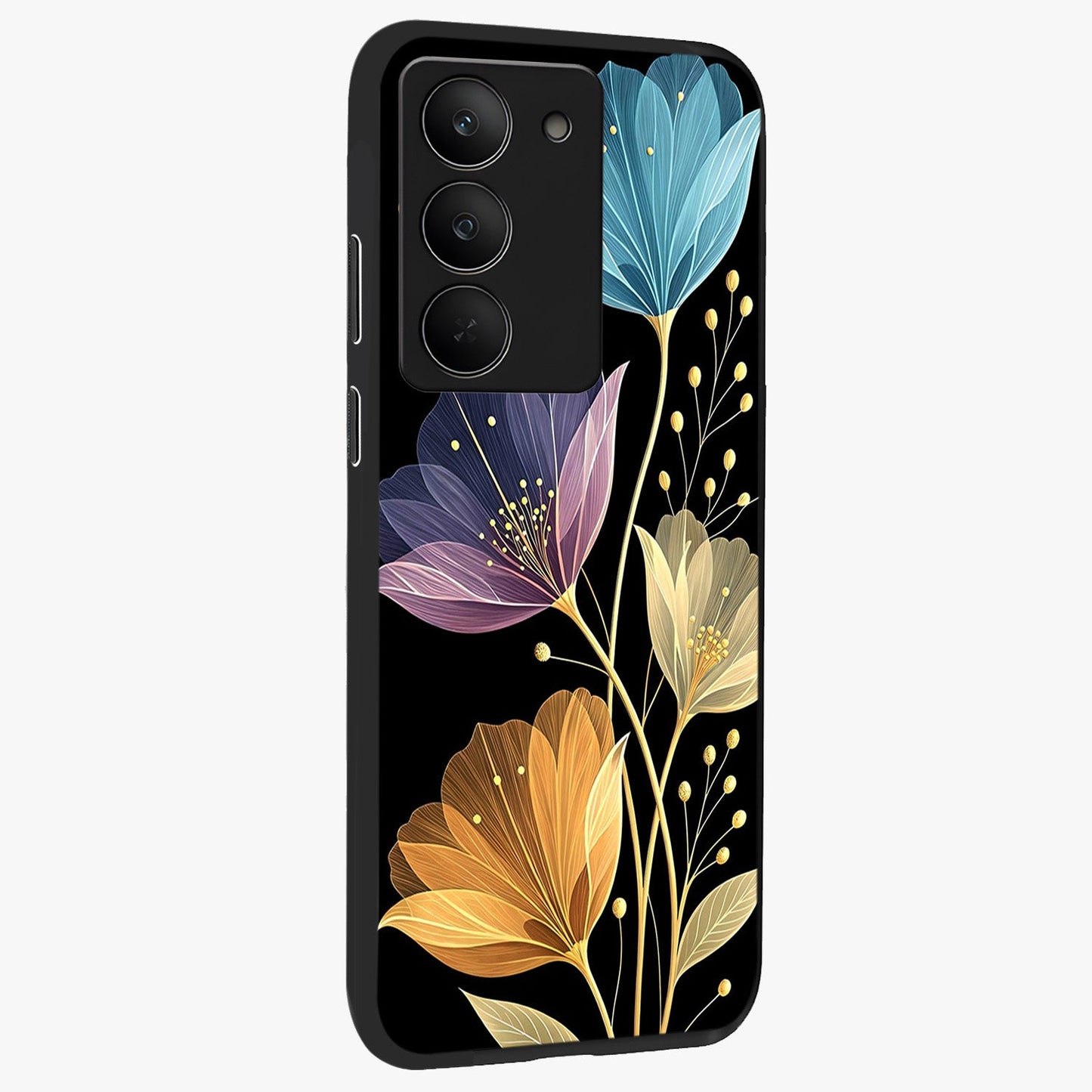 Delicate Multicolor Flowers Glass Case upright view showcasing delicate floral artwork with bright botanical theme.