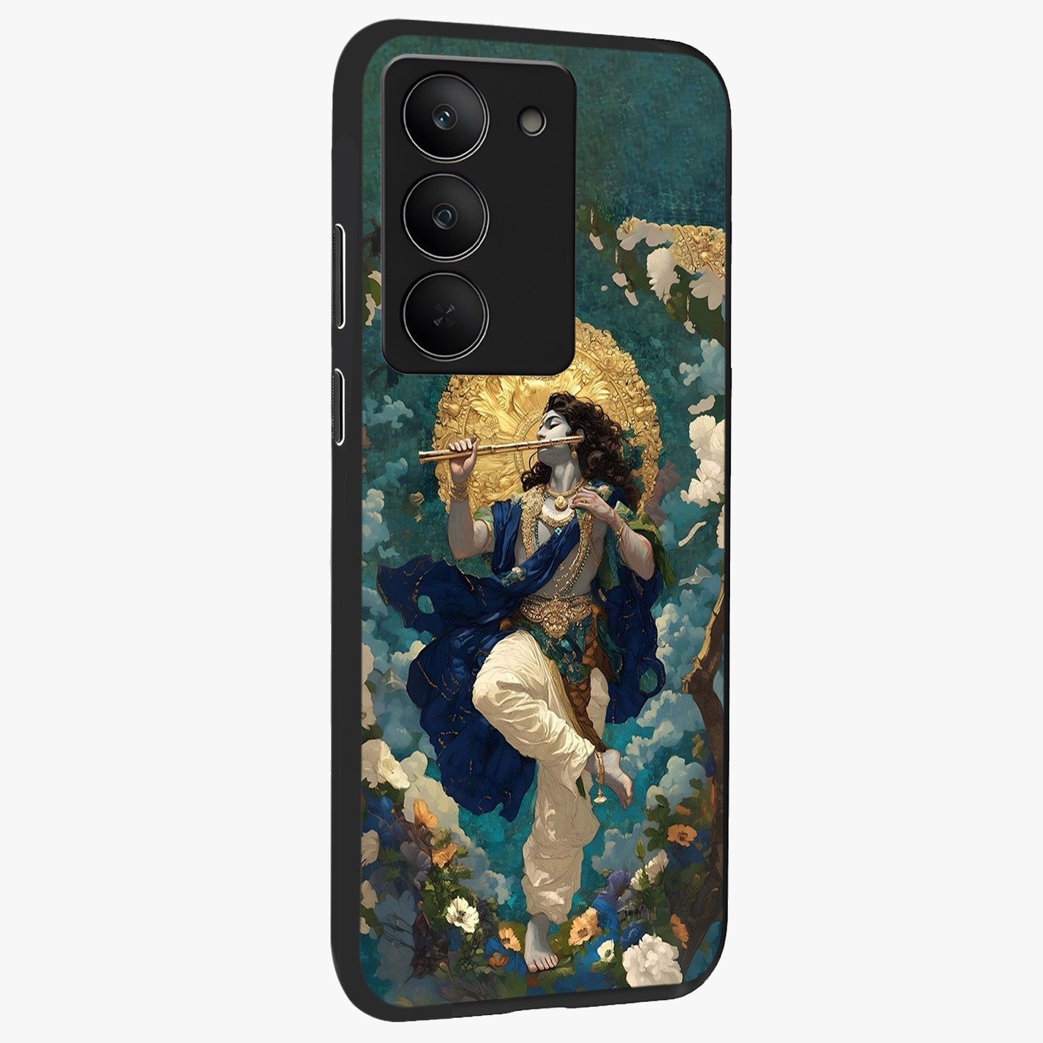 Divine Krishna Art Glass Case upright view showcasing divine Krishna artwork with sacred artistic theme.