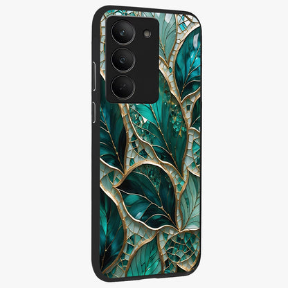 Emerald Leaf Glass Glass Case upright view showcasing fresh green leaf artwork with calming nature inspired style.
