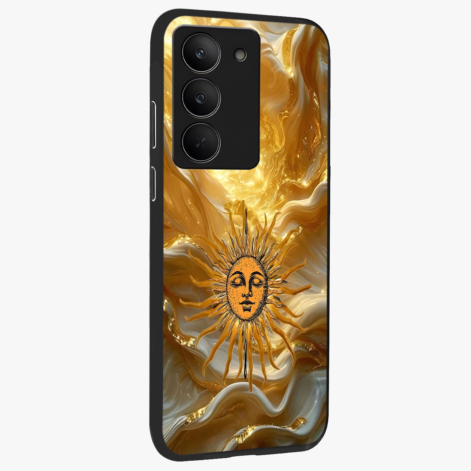 Eternal Golden Glow Glass Case upright view showcasing luminous golden artwork with luxurious visual theme.