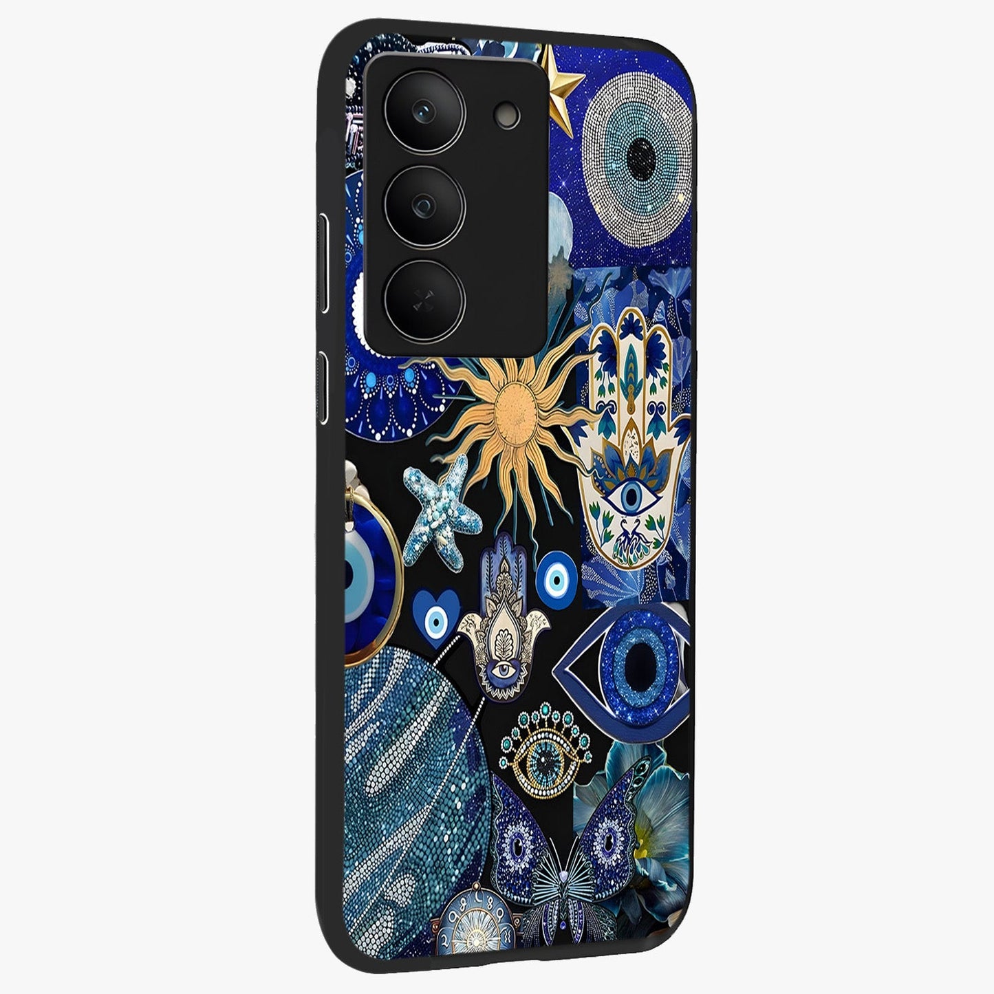 Evil Eye Charm Mix Glass Case upright view showcasing mystical evil eye pattern with vibrant decorative style.