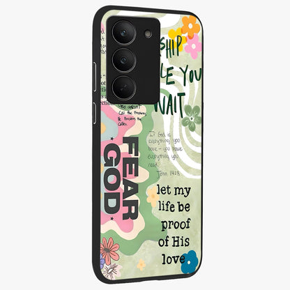 Faith Over Fear Glass Case upright view showcasing bold typography artwork with uplifting motivational theme.