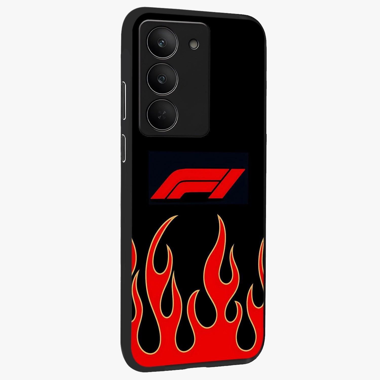 Fire F11 Glass Case upright view showcasing dynamic flame artwork with intense visual theme.