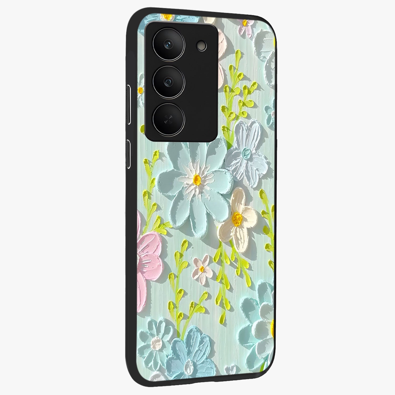 Frosted Petal Garden Glass Case upright view showcasing elegant floral garden artwork with soothing pastel theme.