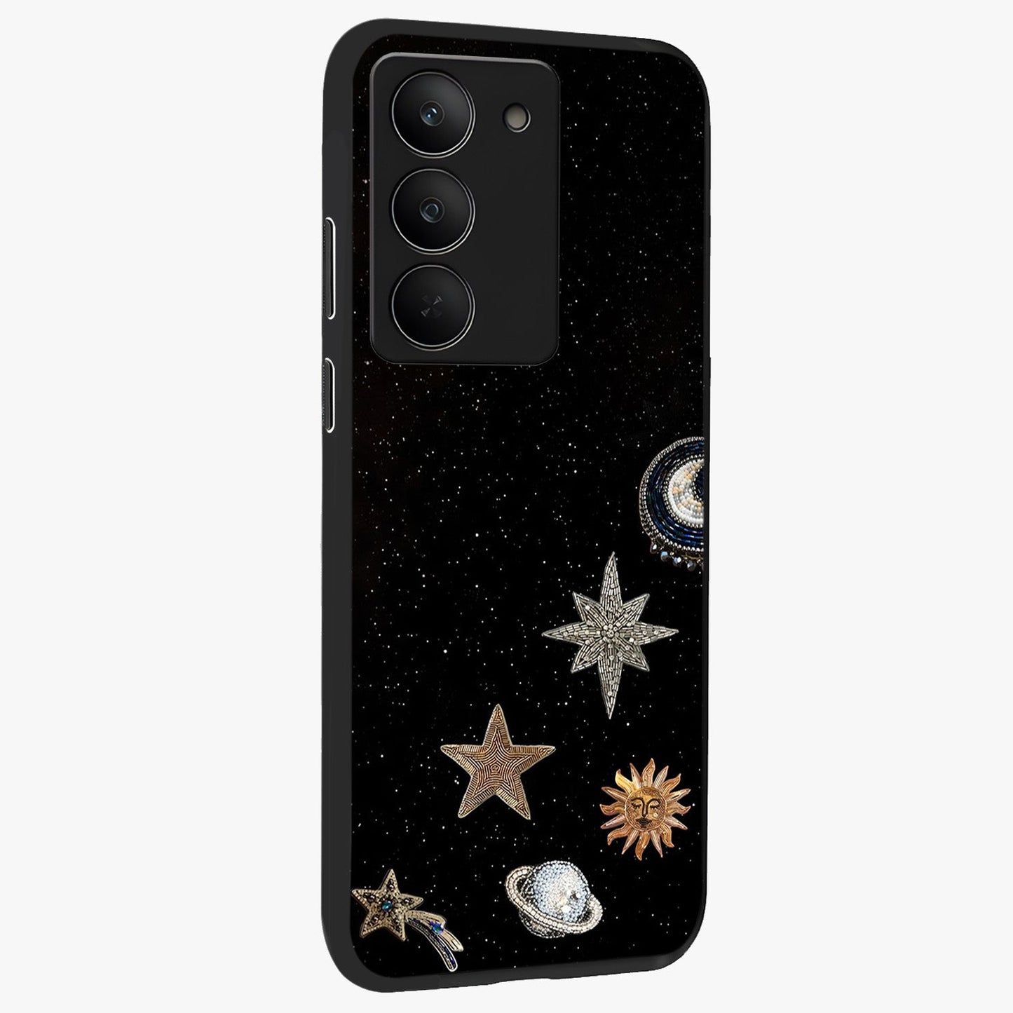 Galactic Charm Glow Glass Case upright view showcasing glowing cosmic charm artwork with magical celestial style.