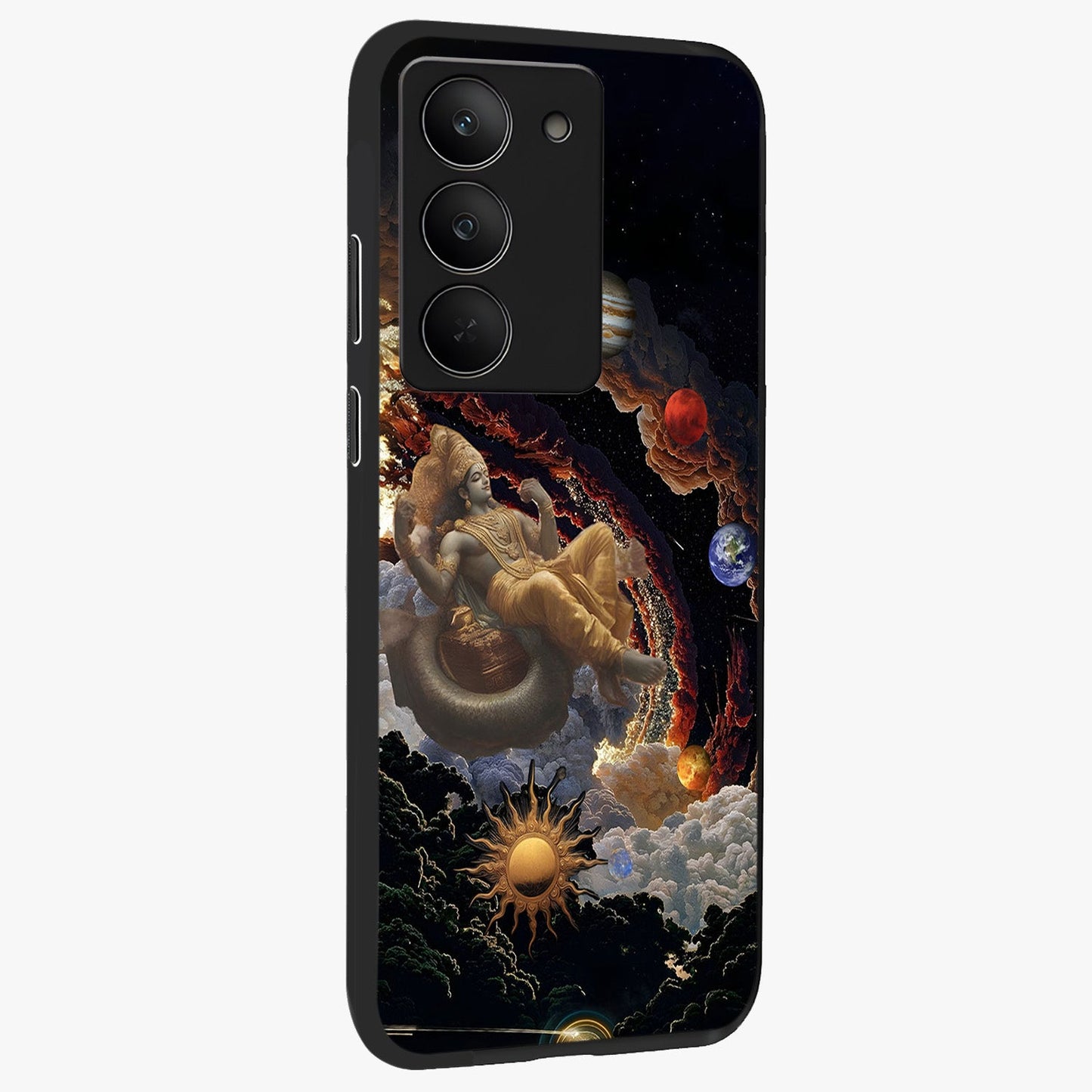 Galactic Divine God Glass Case upright view showcasing mystical divine artwork with dramatic cosmic theme.