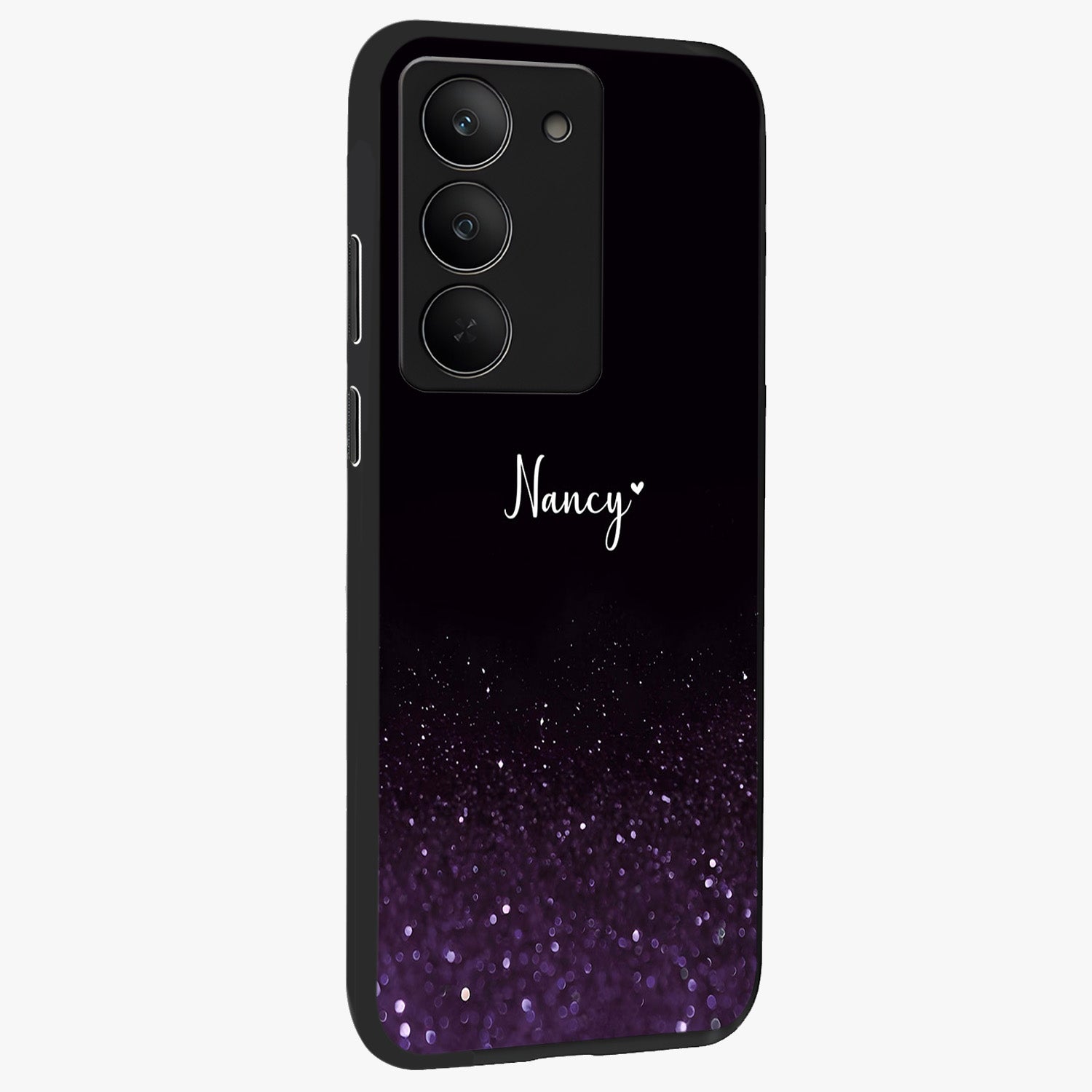 Glittery Purple Bokeh Custom Name Glass Case upright view showcasing vibrant purple sparkle artwork with personalized aesthetic style.