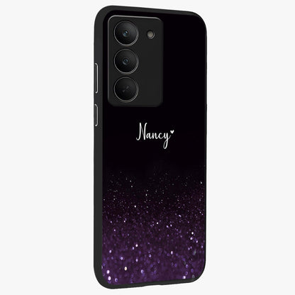 Glittery Purple Bokeh Custom Name Glass Case upright view showcasing vibrant purple sparkle artwork with personalized aesthetic style.