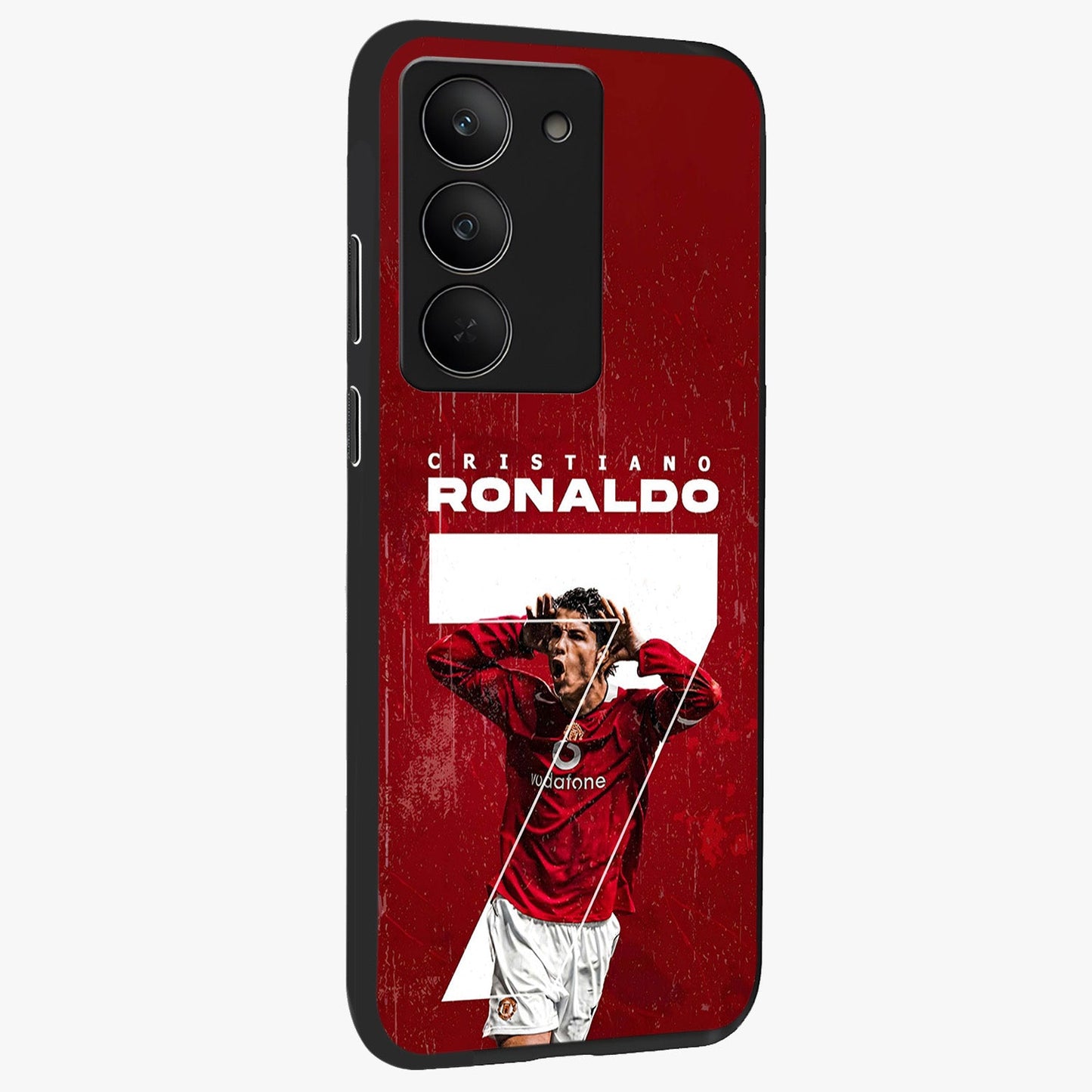 Goal Celebration Legacy Glass Case upright view showcasing dynamic football inspired artwork with victory celebration aesthetic.