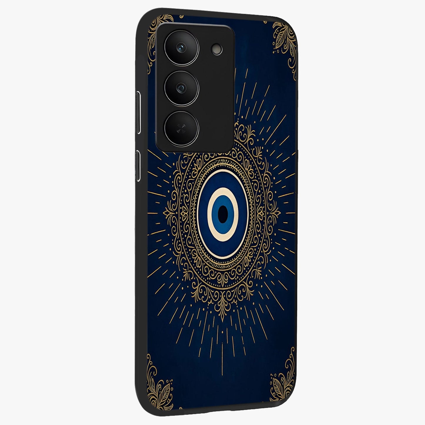 Golden Celestial Charm Glass Case upright view showcasing radiant celestial artwork with elegant golden theme.