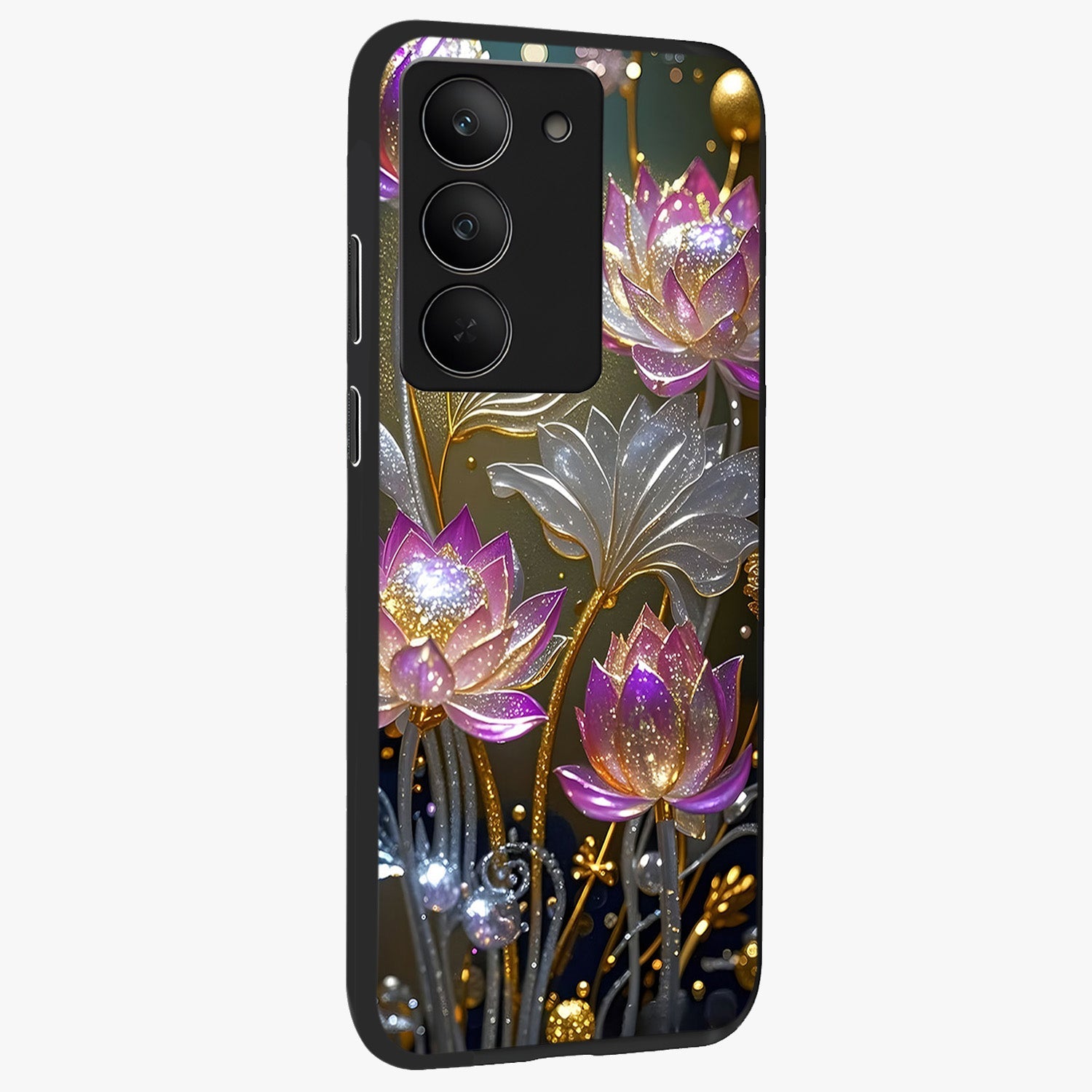 Golden Floral Majesty Glass Case upright view showcasing majestic floral artwork with rich decorative theme.
