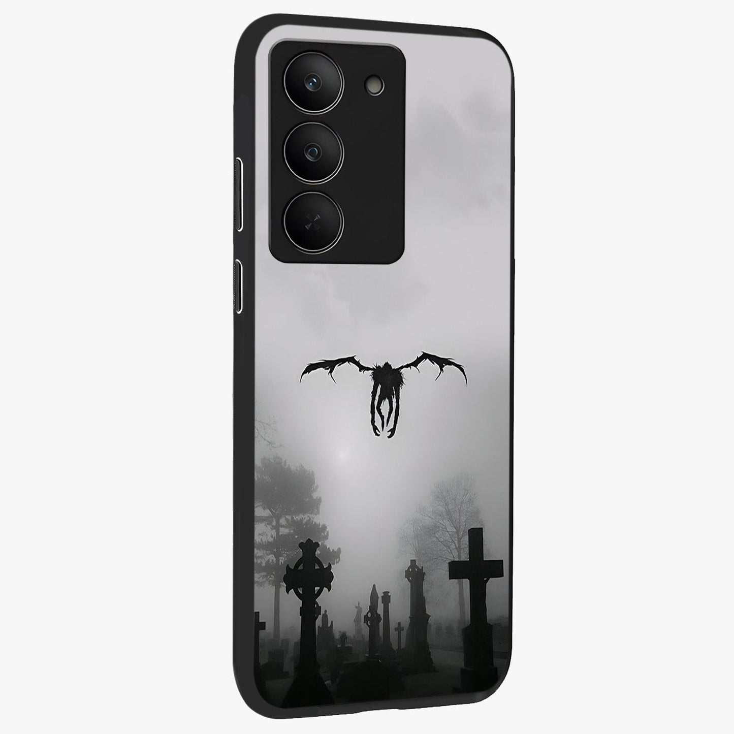 Graveyard Shadow Descent Glass Case upright view showcasing haunting graveyard artwork with dramatic dark theme.