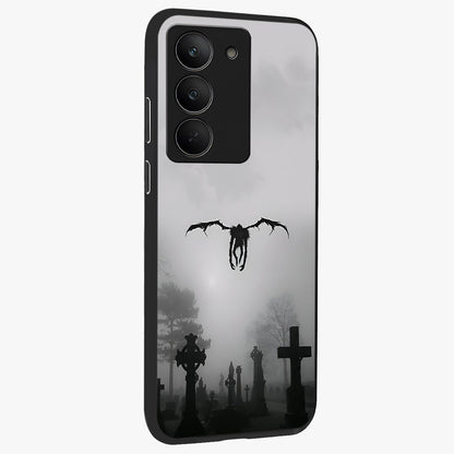 Graveyard Shadow Descent Glass Case upright view showcasing haunting graveyard artwork with dramatic dark theme.