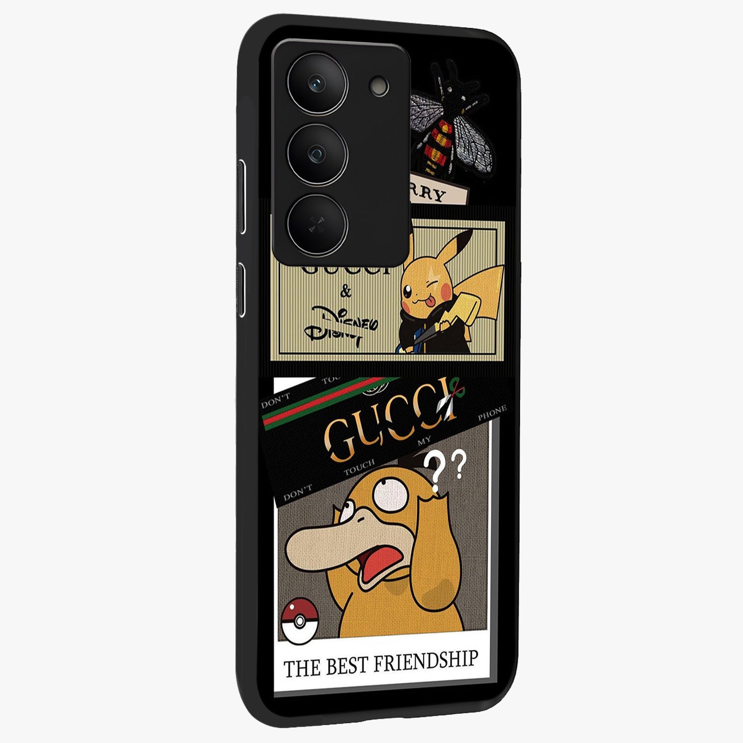 Gucci Play Mashup Glass Case upright view showcasing trendy luxury inspired artwork with modern fashion theme.