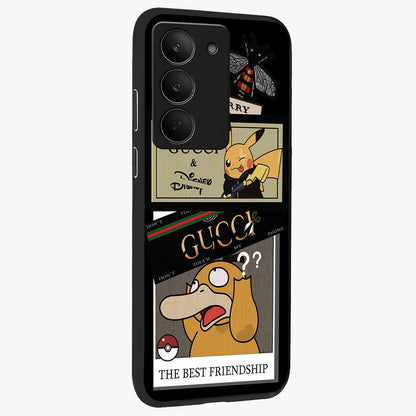 Gucci Play Mashup Glass Case upright view showcasing trendy luxury inspired artwork with modern fashion theme.