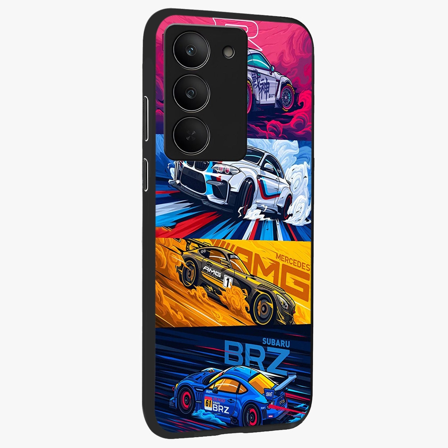 JDM Sports Car Glass Case upright view showcasing dynamic sports car artwork with bold racing theme.